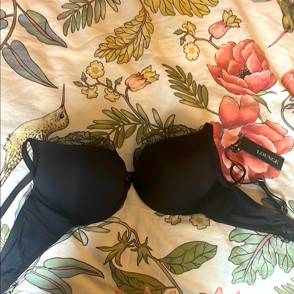 Lounge Black Push Up Bra with Black Rose Lace Detail